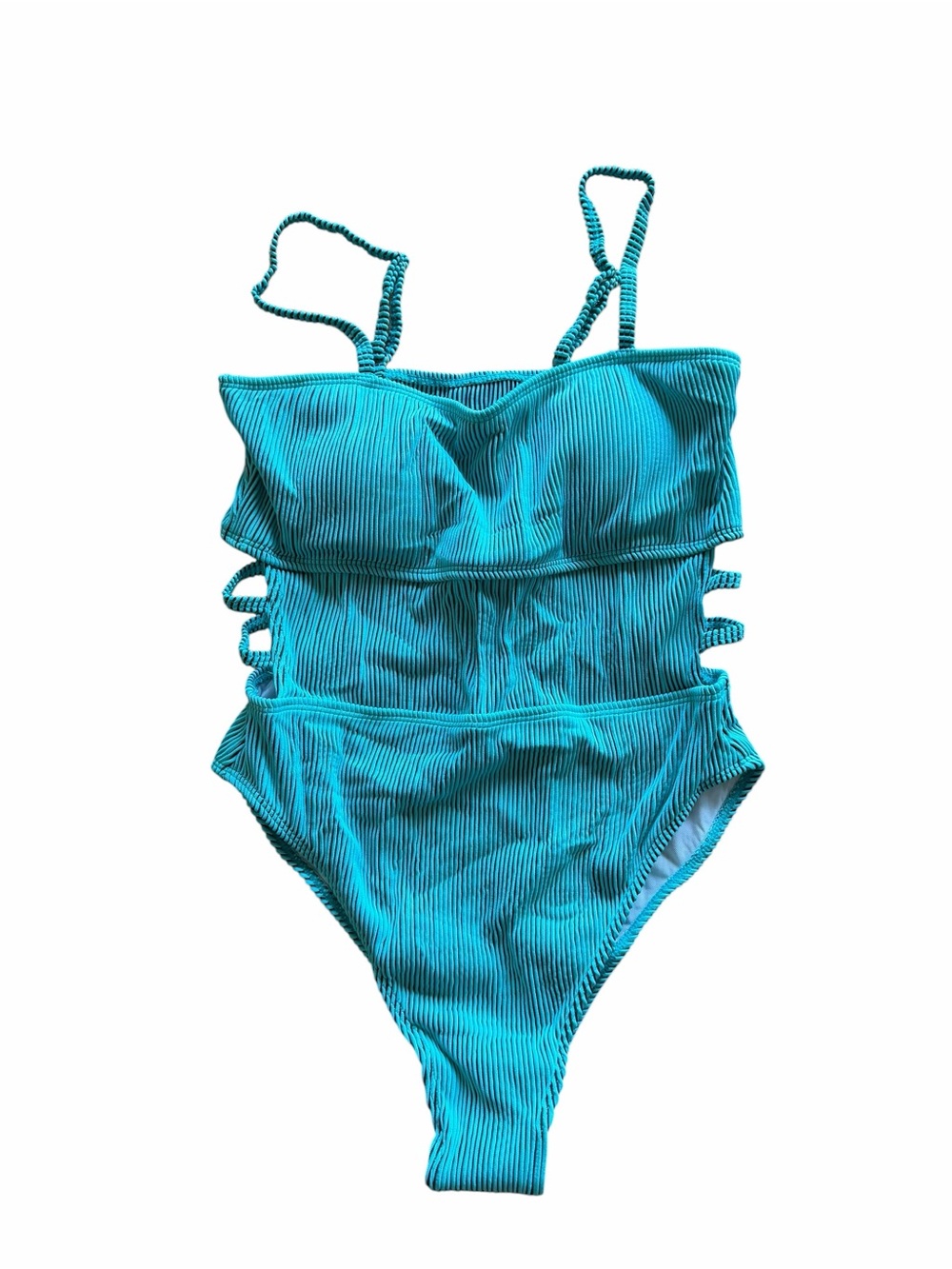 Women's Blue and Black Ribbed Cut Out One Piece Swim Suit Size M #260150